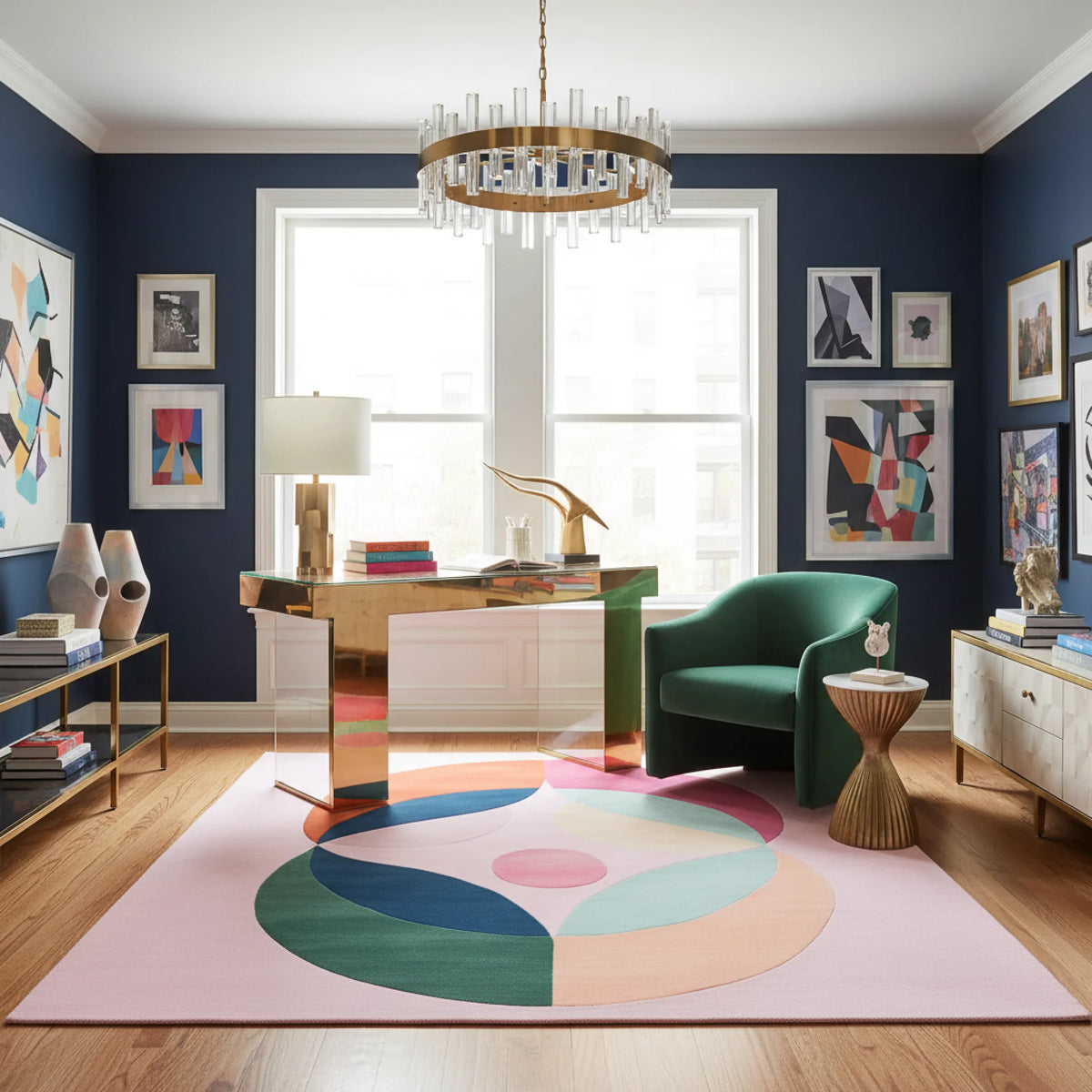 Modern living room with a colorful rug, green armchair, and decorative wall art.