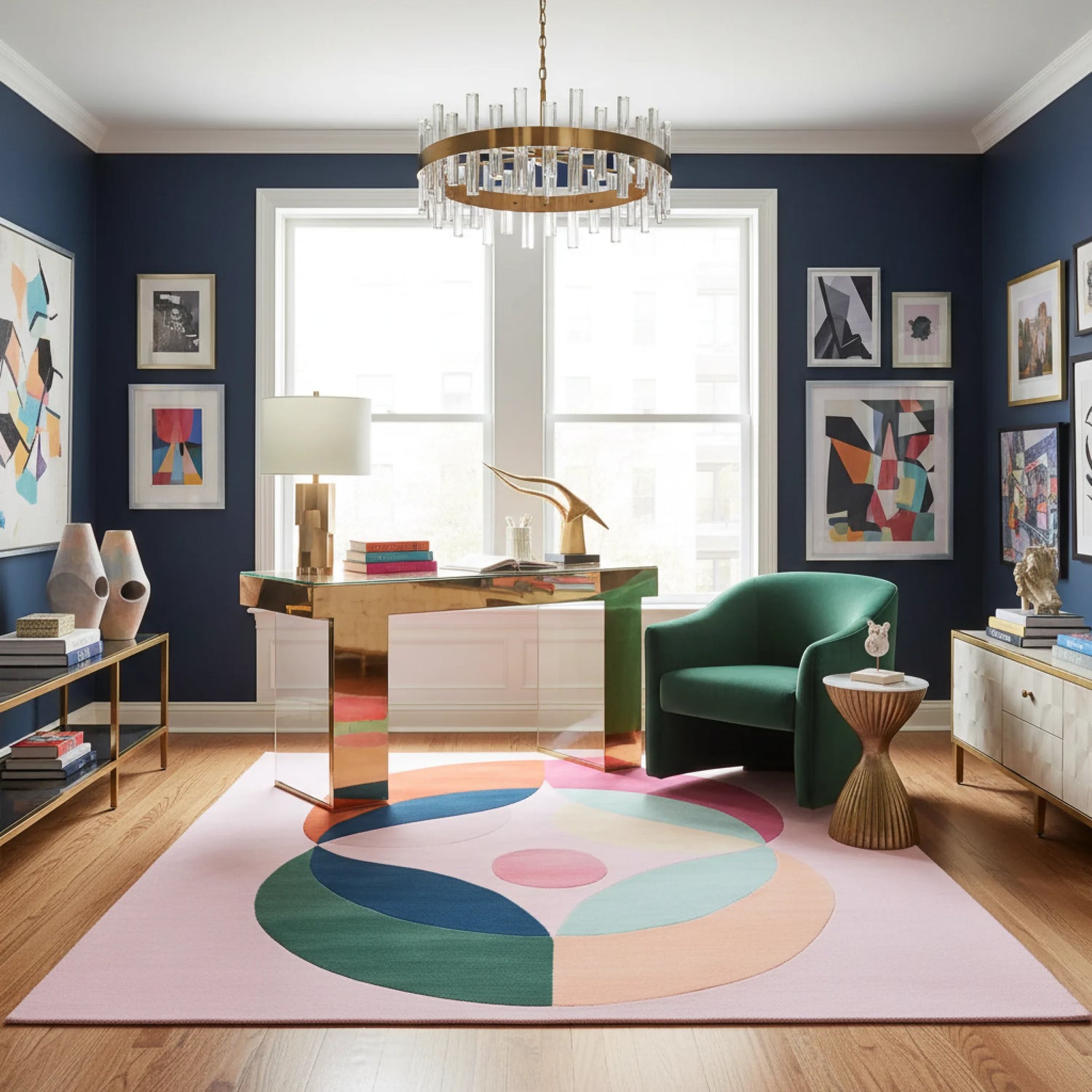 Modern living room with a colorful rug, green armchair, and decorative wall art.