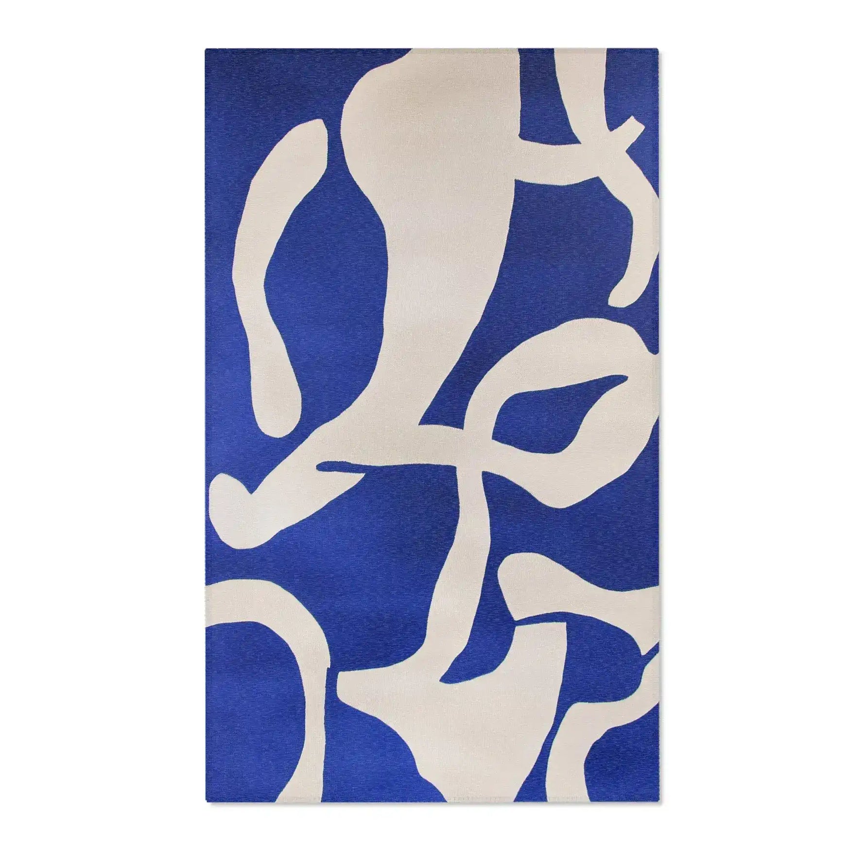 Modern Abstract Blue & White Rug alternate angle — wide flat shot showing full abstract blue pattern across ivory woven pile