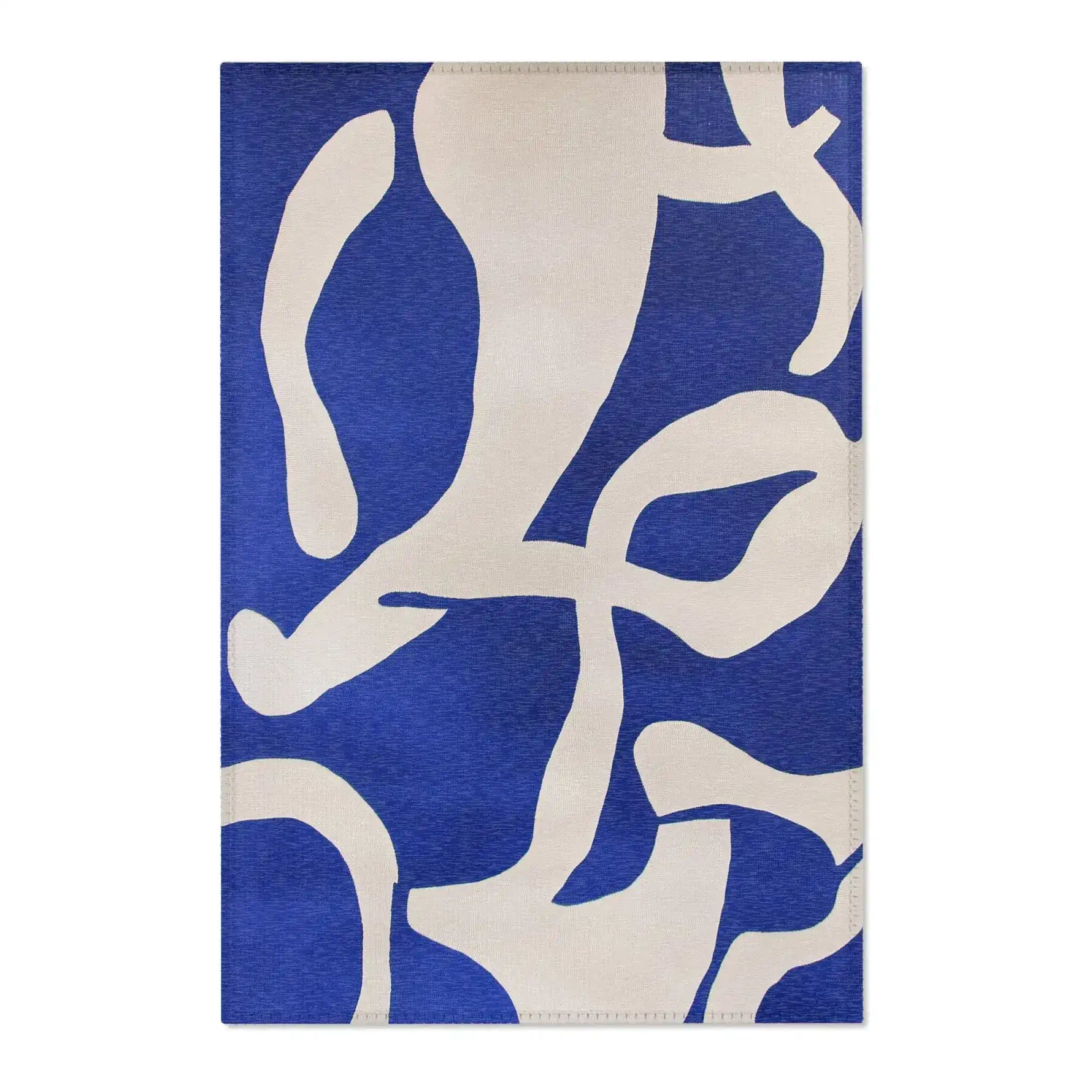 Modern Abstract Blue & White Rug flat lay front view — bold navy and cobalt abstract shapes on ivory ground, full pile surface