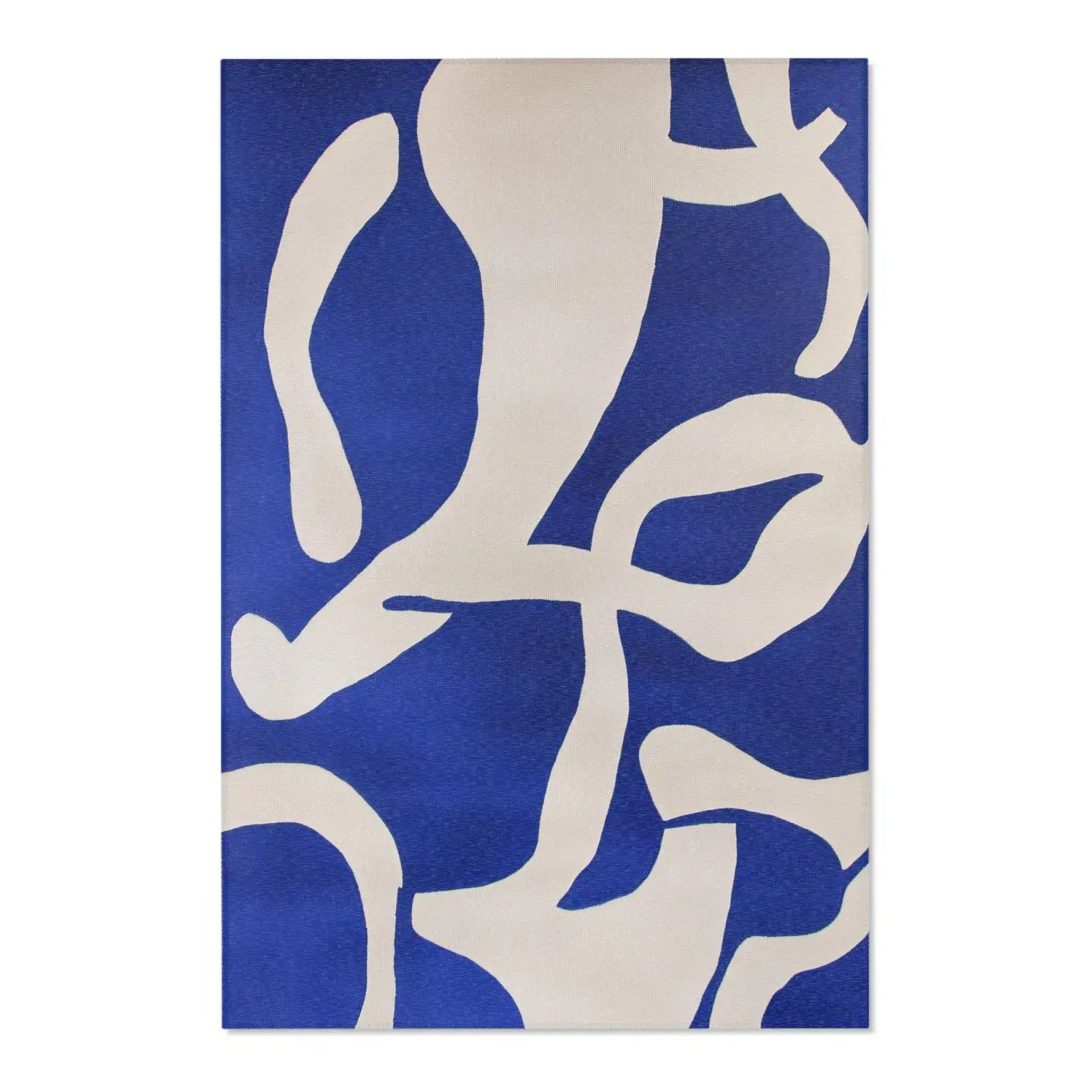 Modern Abstract Blue & White Rug overhead close-up — dense navy pile texture with cobalt and white abstract shapes in sharp detail