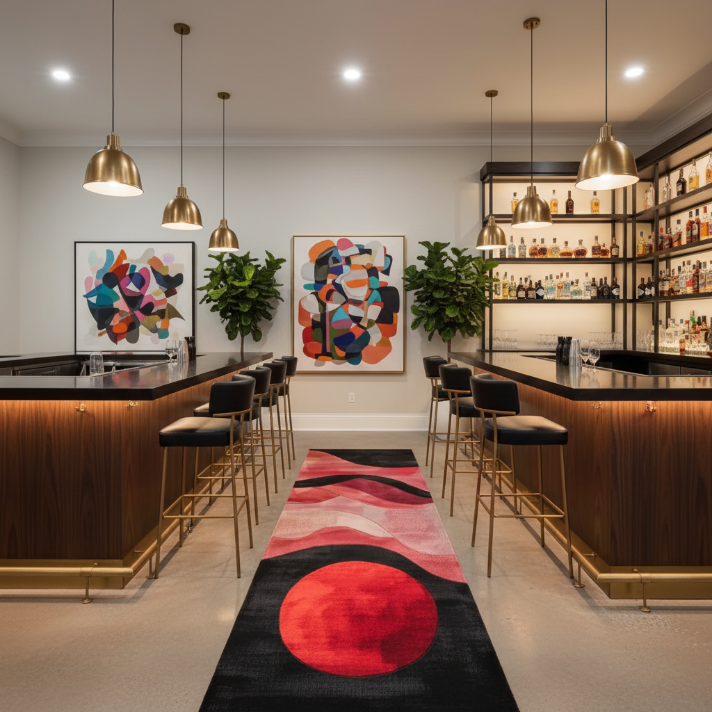 Modern bar interior with colorful artwork, pendant lights, and a patterned rug.