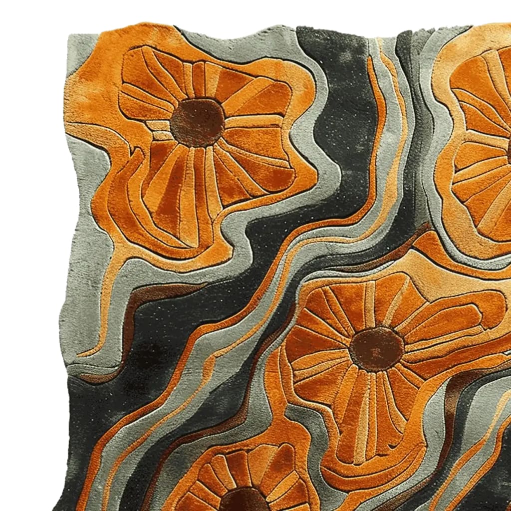 A vibrant area rug featuring a modern botanical flow design with abstract floral patterns in warm orange and earthy tones. This contemporary wool rug adds a unique touch to living room area rugs, perfect for those seeking stylish area rugs for living room decor.