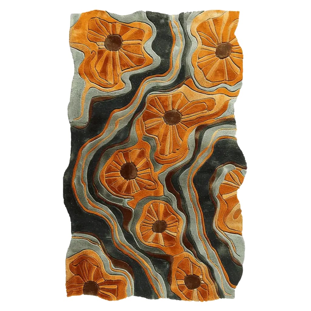 The Modern Botanical Flow Hand Tufted Rug is an eye-catching area rug featuring an abstract design with flowing lines and bold, orange floral patterns. This contemporary wool rug adds a touch of elegance and vibrancy to any living room, making it a perfect choice for those seeking stylish area rugs for living room spaces.