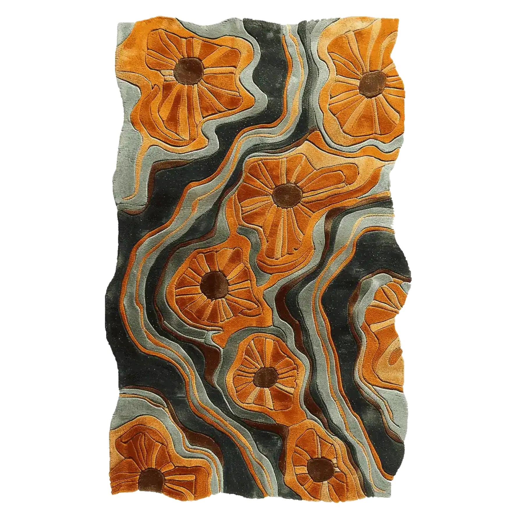 The Modern Botanical Flow Hand Tufted Rug is an eye-catching area rug featuring an abstract design with flowing lines and bold, orange floral patterns. This contemporary wool rug adds a touch of elegance and vibrancy to any living room, making it a perfect choice for those seeking stylish area rugs for living room spaces.