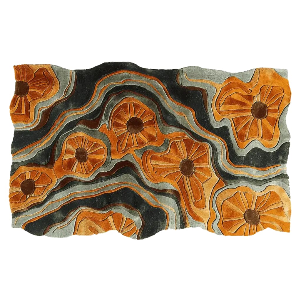 A vibrant Modern Botanical Flow Hand Tufted Area Rug featuring a swirling abstract design in warm orange and brown tones. This contemporary wool rug adds an artistic touch to any living room, making it a standout piece among area rugs for the living room.