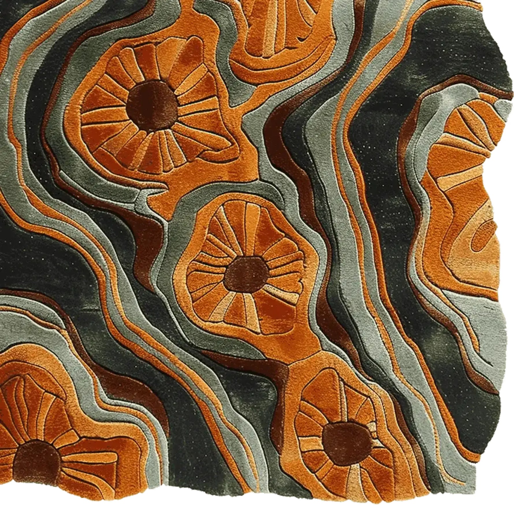 A modern botanical flow hand tufted area rug featuring an abstract design with earthy tones of orange and gray. This contemporary wool rug is perfect for adding a stylish touch to living room area rugs, enhancing any space with its unique pattern.