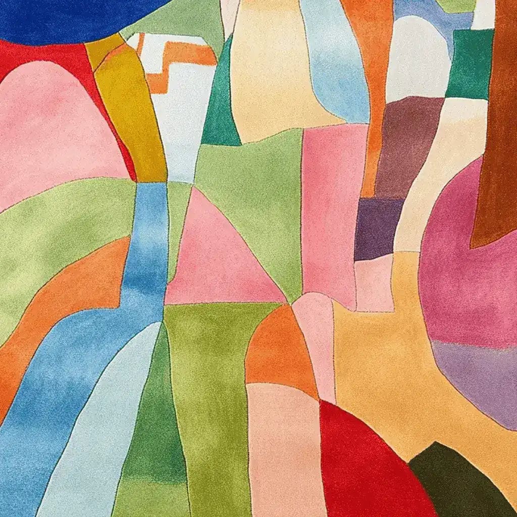 Colorful abstract design on a Modern Collage Hand Tufted Area Rug, showcasing a vibrant mix of pink, green, blue, and orange geometric shapes. This contemporary wool rug is perfect for adding a splash of creativity to any living room. Ideal as an 8x10 rug, it enhances the aesthetic appeal of your space.