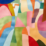 Colorful abstract design on a Modern Collage Hand Tufted Area Rug, showcasing a vibrant mix of pink, green, blue, and orange geometric shapes. This contemporary wool rug is perfect for adding a splash of creativity to any living room. Ideal as an 8x10 rug, it enhances the aesthetic appeal of your space.
