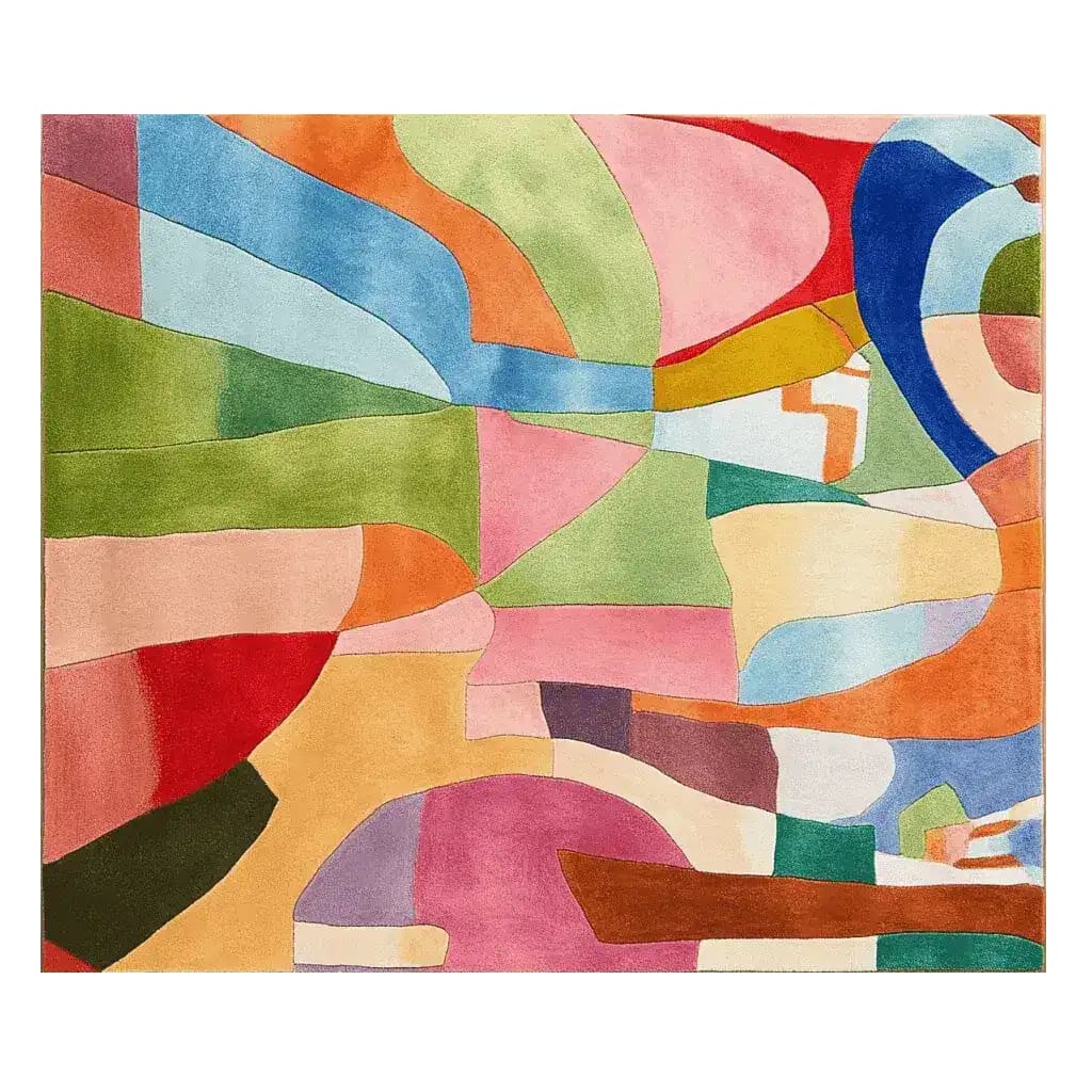 A vibrant, colorful area rug featuring a modern abstract design with overlapping shapes in hues of blue, green, pink, and orange. This contemporary wool rug is perfect for adding a splash of color to your living room and is available in an 8x10 size, making it an ideal choice for rugs for living room settings.