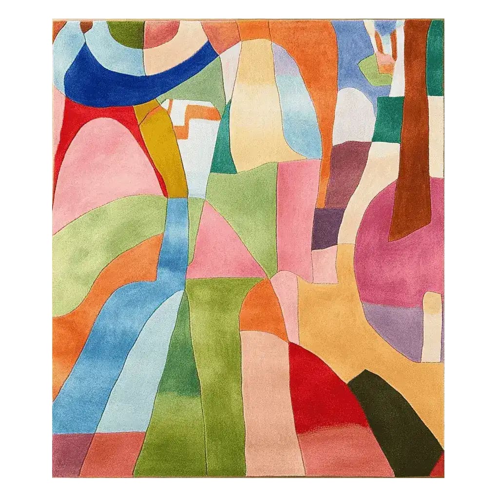 Vibrant area rug with a modern collage design featuring a mix of bold colors like blue, pink, green, and orange, perfect as a contemporary wool rug for living rooms. This hand-tufted rug, sized 8x10, adds a splash of artistic flair to any space.