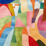 Colorful abstract design on a Modern Collage Hand Tufted Area Rug, showcasing a vibrant mix of pink, green, blue, and orange geometric shapes. This contemporary wool rug is perfect for adding a splash of creativity to any living room. Ideal as an 8x10 rug, it enhances the aesthetic appeal of your space.