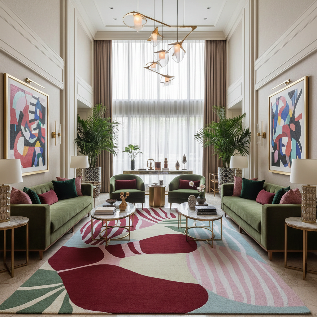 Modern living room with green sofas, colorful rug, and abstract art.