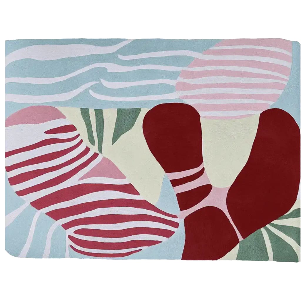 A vibrant and artistic area rug featuring a collision of modern colors and abstract patterns. This contemporary wool rug, ideal for living rooms, showcases a mix of red, pink, green, and blue hues, creating an eye-catching design.