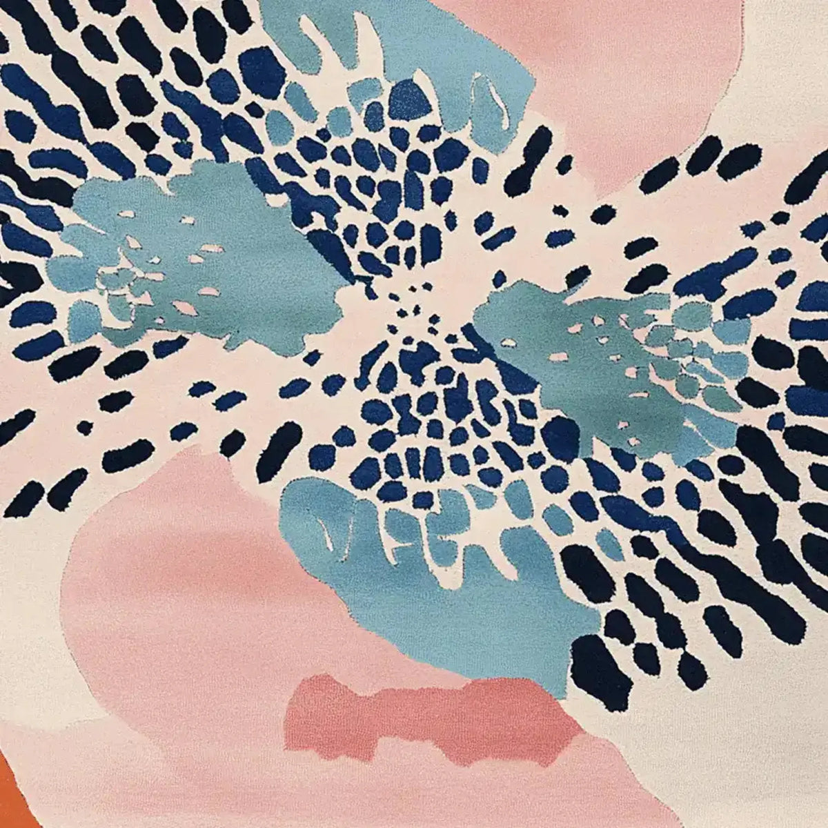 A vibrant Modern Drama Hand Tufted Rug featuring an abstract design in blue, pink, and beige tones. This contemporary wool rug adds a stylish touch to any living room area. Perfect as a living room area rug, it fits well in an 8x10 space.