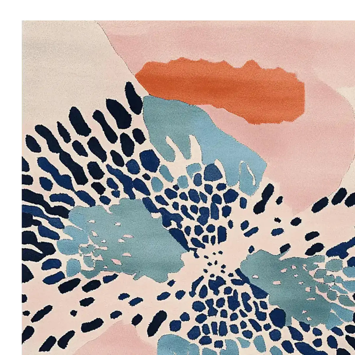 A vibrant and colorful area rug featuring a modern abstract design with bold blues, soft pinks, and a splash of orange. This contemporary wool rug adds a stylish touch to any living room, perfect for those seeking unique living room area rugs. Ideal for spaces needing an 8x10 living room rug.