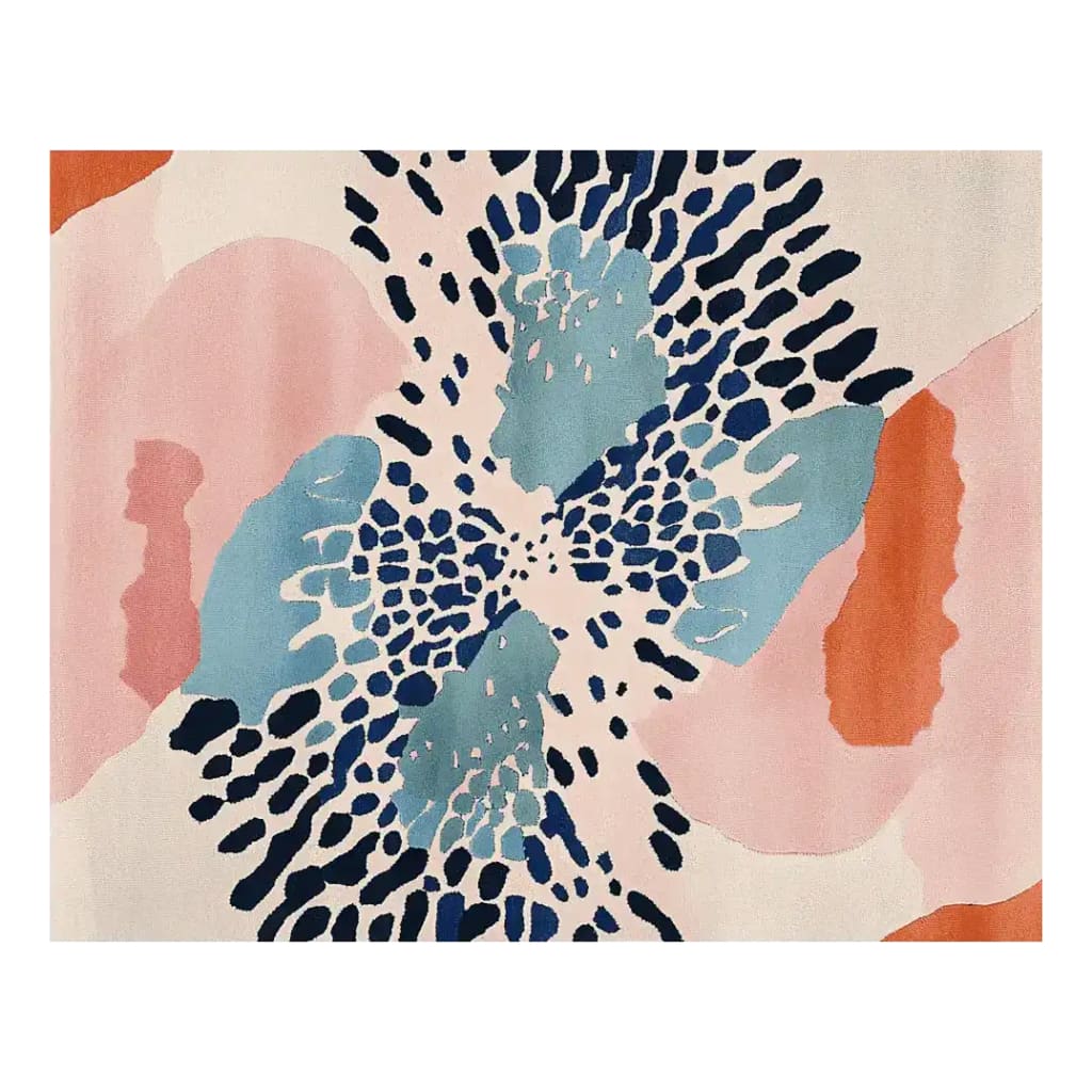 A vibrant modern drama hand-tufted area rug, perfect for living room spaces. This contemporary wool rug features an abstract design with bold colors like blue, pink, and orange, ideal for adding a splash of color to any living room. The 8x10 size makes it a great centerpiece for larger areas.