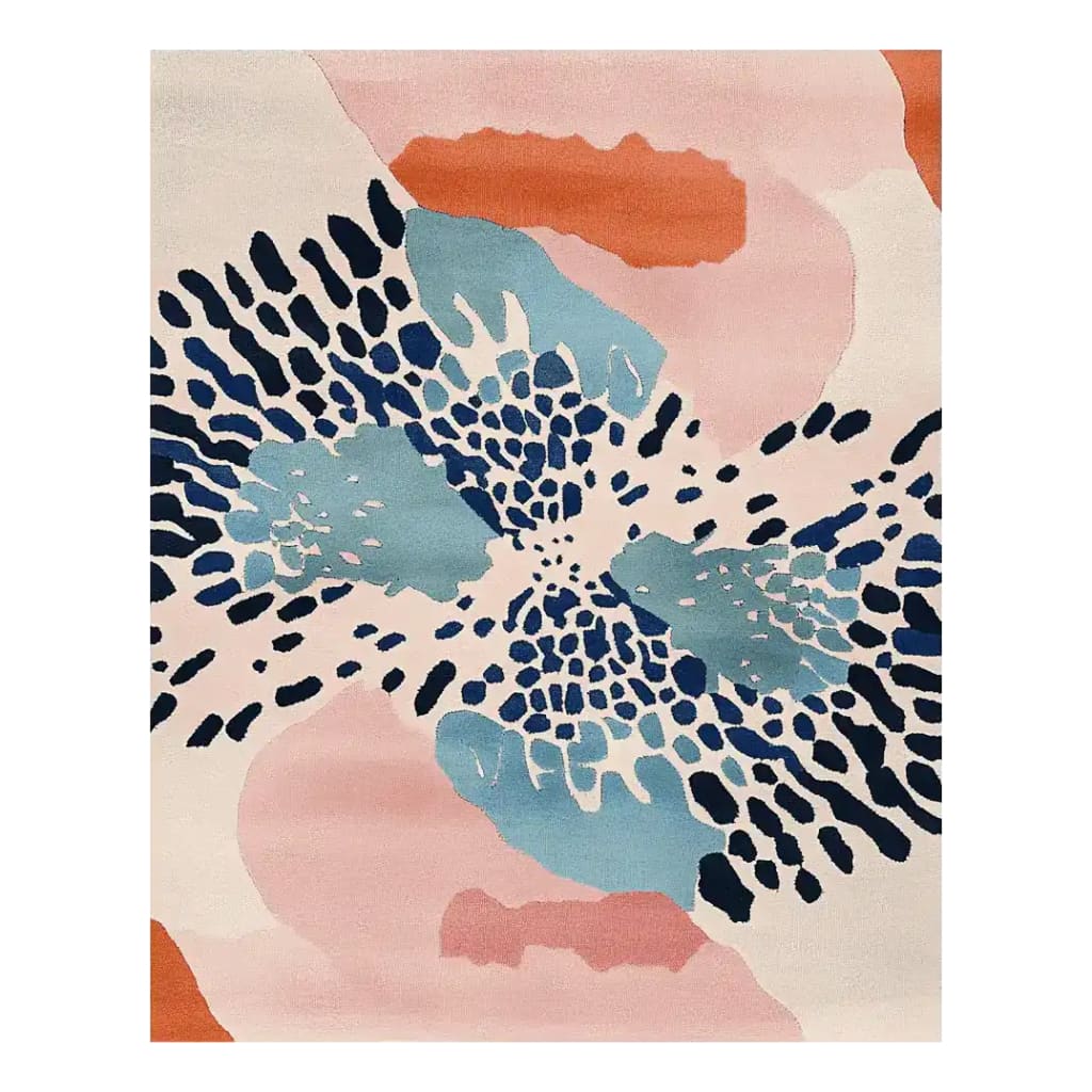 A stunning modern drama hand-tufted area rug featuring an abstract design in shades of blue, pink, and orange. Perfect for adding a contemporary flair to any living room, this wool rug comes in an 8x10 size. Ideal for those seeking stylish living room area rugs.