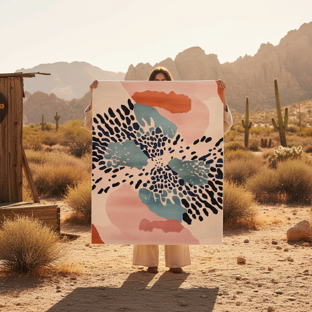 Person holding a colorful abstract rug in a desert setting