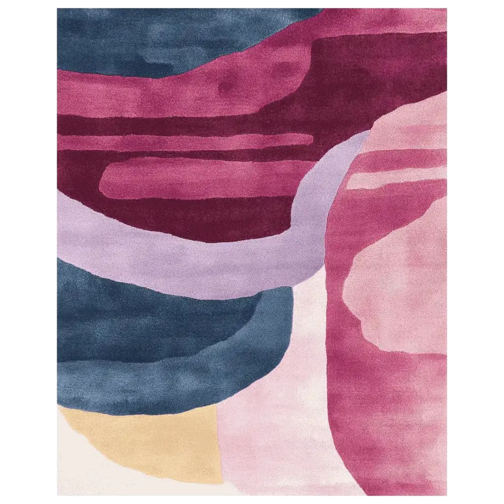 Top view of a Modern Fluid Form Hand Tufted Area Rug featuring an abstract design with bold, flowing patterns in shades of pink, purple, and blue. This contemporary wool rug is perfect for adding a touch of elegance to large living rooms.