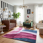 Nursery room with a colorful rug, wooden crib, and decorative wall art.