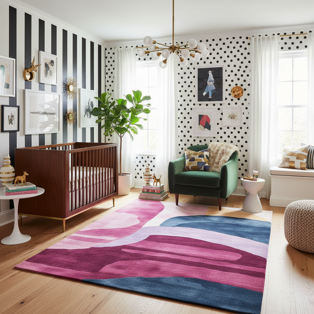 Nursery room with a colorful rug, wooden crib, and decorative wall art.
