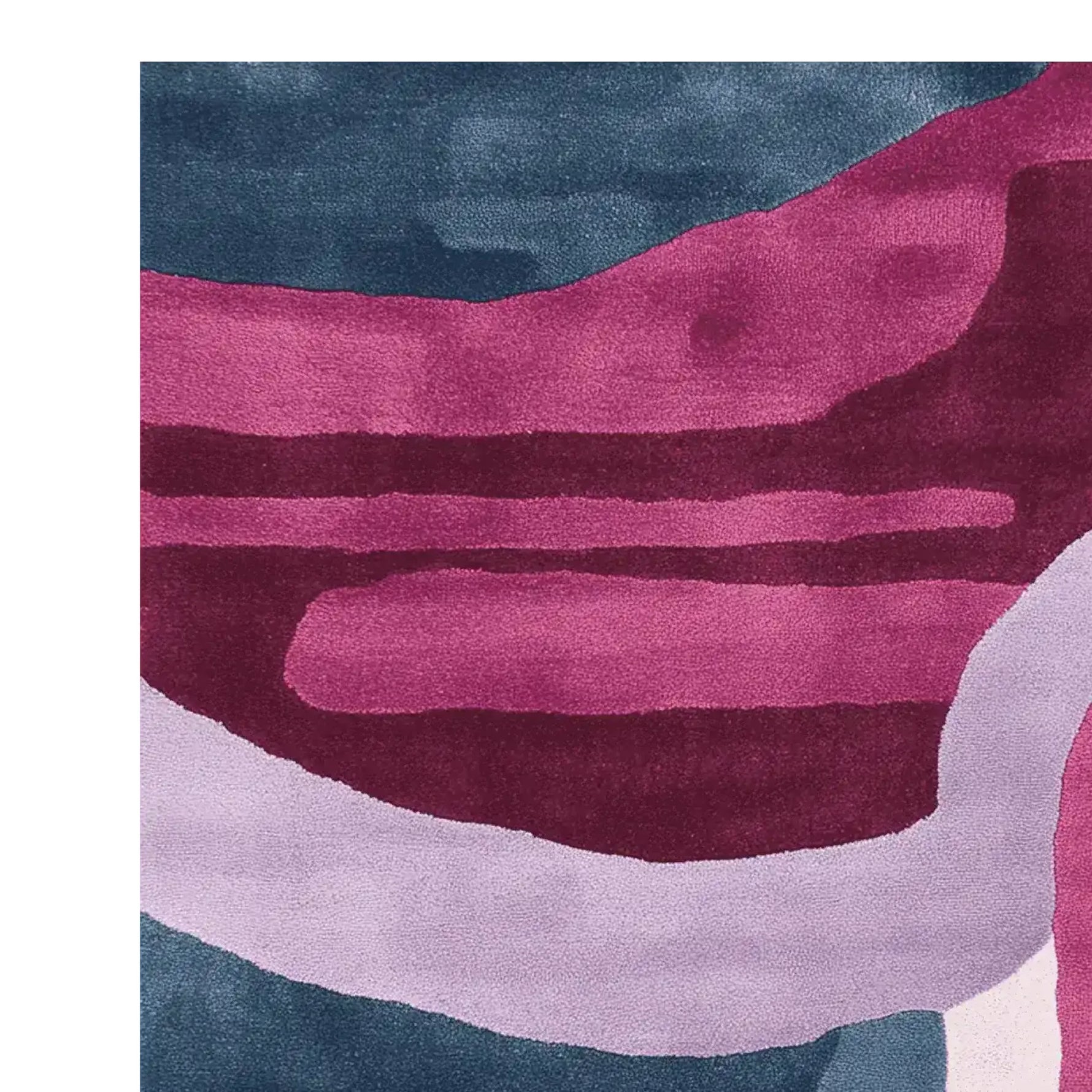 Close-up view of the Modern Fluid Form Hand Tufted Area Rug, showcasing its abstract design in rich shades of pink, purple, and blue. This contemporary wool rug is perfect for adding a touch of elegance to large living room spaces.