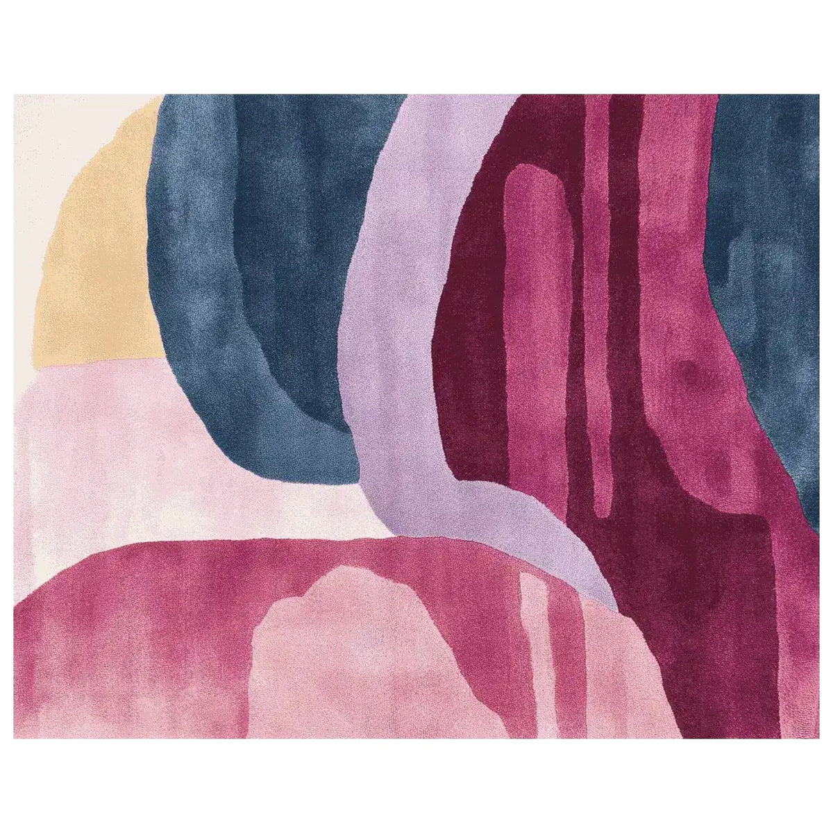 A stunning hand-tufted area rug featuring a modern fluid form design with bold, overlapping shapes in rich colors like pink, purple, and blue. This contemporary wool rug is perfect for adding a pop of color to large living rooms.