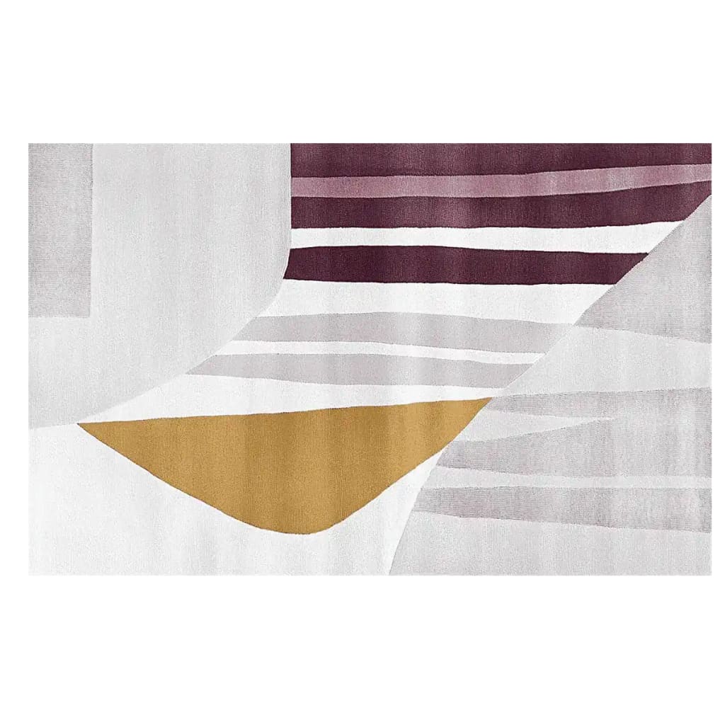 Top view of the Modern Form Horizon hand-tufted area rug, showcasing a contemporary design with abstract patterns in earthy tones of mustard yellow, deep burgundy, and soft grays. This wool rug is perfect for adding a touch of modern elegance to your living room, making it an ideal choice for those seeking stylish area rugs for their living space.
