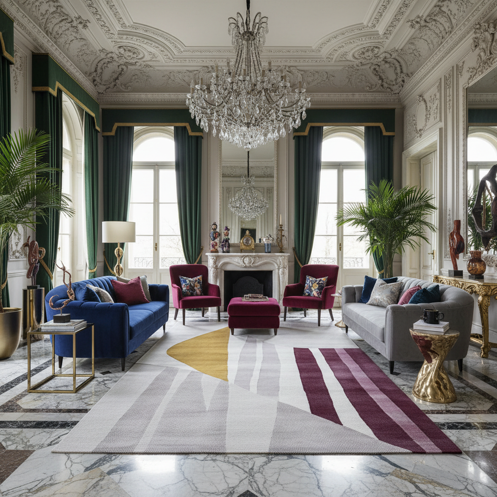 Luxurious living room with ornate decor, chandeliers, an abstract wool rug, and elegant furniture.
