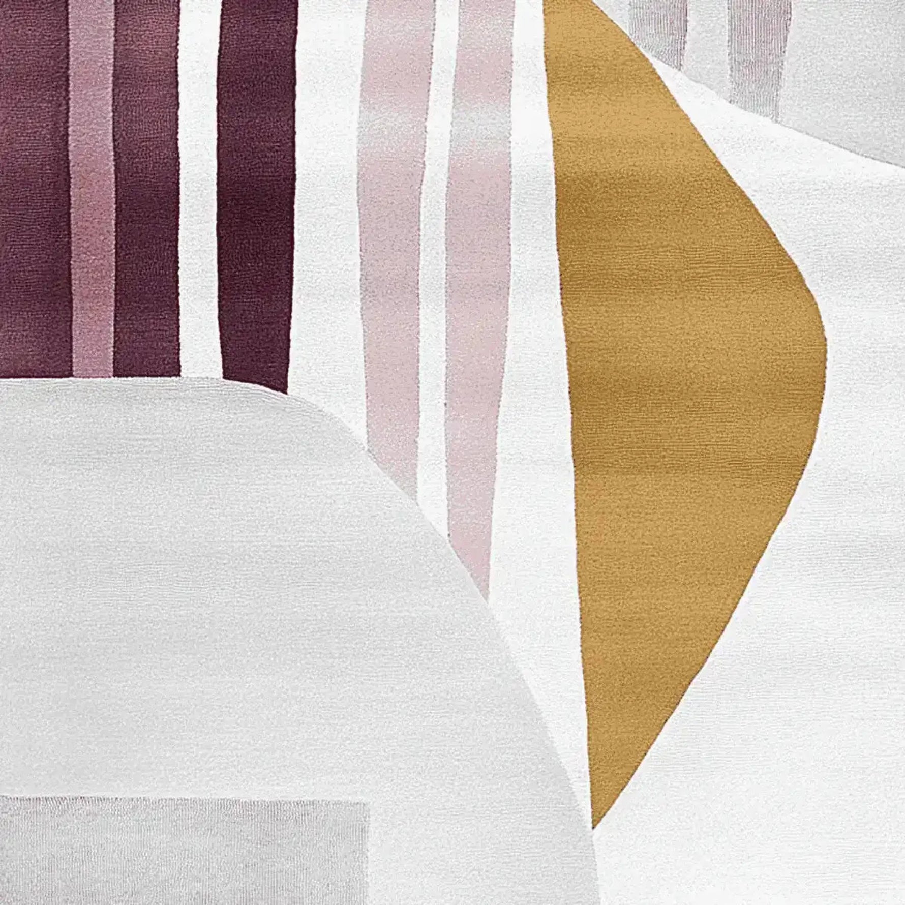 Close-up view of the Modern Form Horizon Hand Tufted Area Rug showcasing abstract geometric patterns in rich shades of burgundy, soft pink, and mustard. This contemporary wool rug is perfect for adding a stylish touch to any living room.