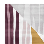 Close-up of a Modern Form Horizon hand tufted area rug showcasing an abstract design with rich burgundy, soft gray, and mustard yellow tones. This contemporary wool rug is perfect for adding a stylish touch to any living room setting.