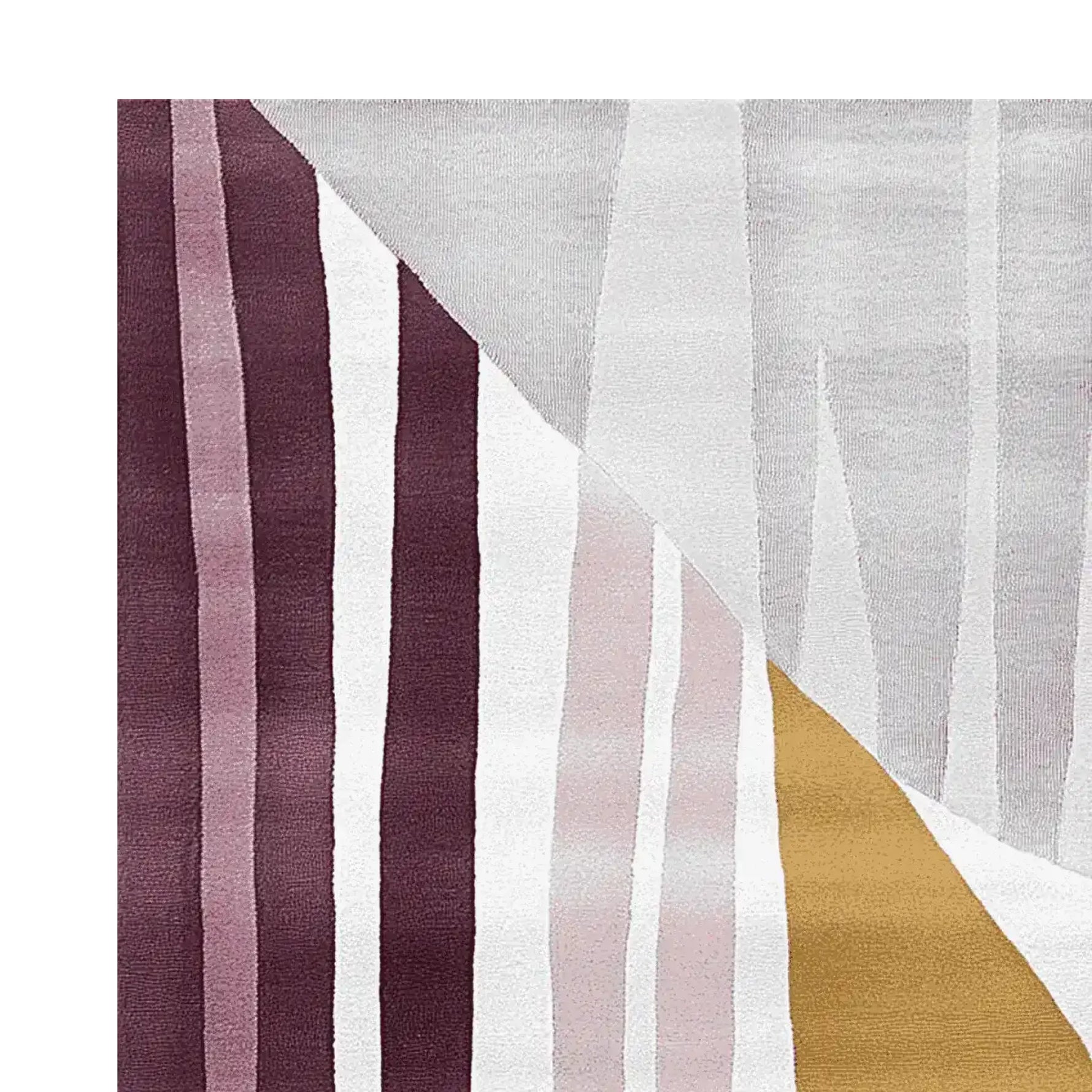 Close-up of a Modern Form Horizon hand tufted area rug showcasing an abstract design with rich burgundy, soft gray, and mustard yellow tones. This contemporary wool rug is perfect for adding a stylish touch to any living room setting.