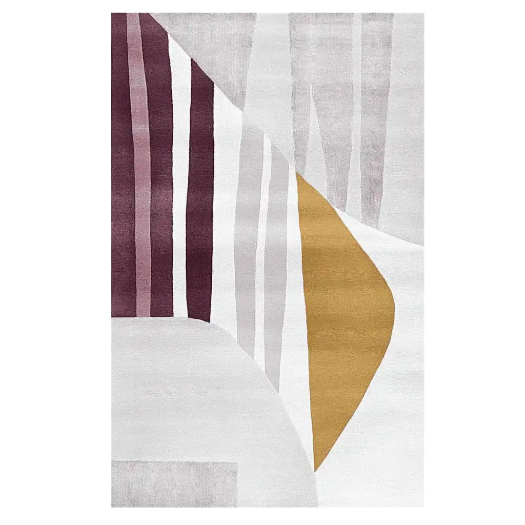 Top view of the Modern Form Horizon Hand Tufted Area Rug, featuring an abstract design with bold stripes in maroon, soft gray, and mustard tones. This contemporary wool rug is perfect for adding a stylish touch to any living room space.