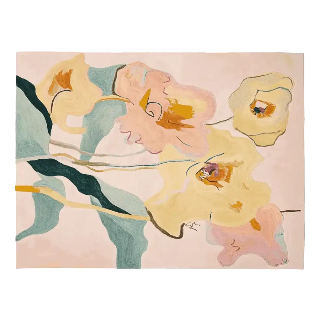 This area rug features a fresh, contemporary design with abstract floral patterns in soft pastel colors. Made from high-quality wool, this large living room rug adds a modern touch to any space, perfect for those seeking a stylish and cozy wool rug for their area.