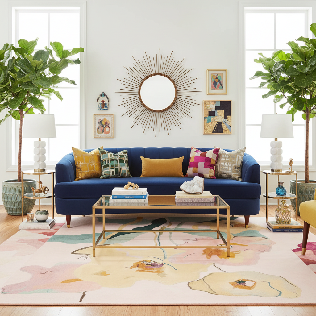 Modern living room with a blue sofa, a contemporary wool rug, colorful pillows, and a decorative mirror.