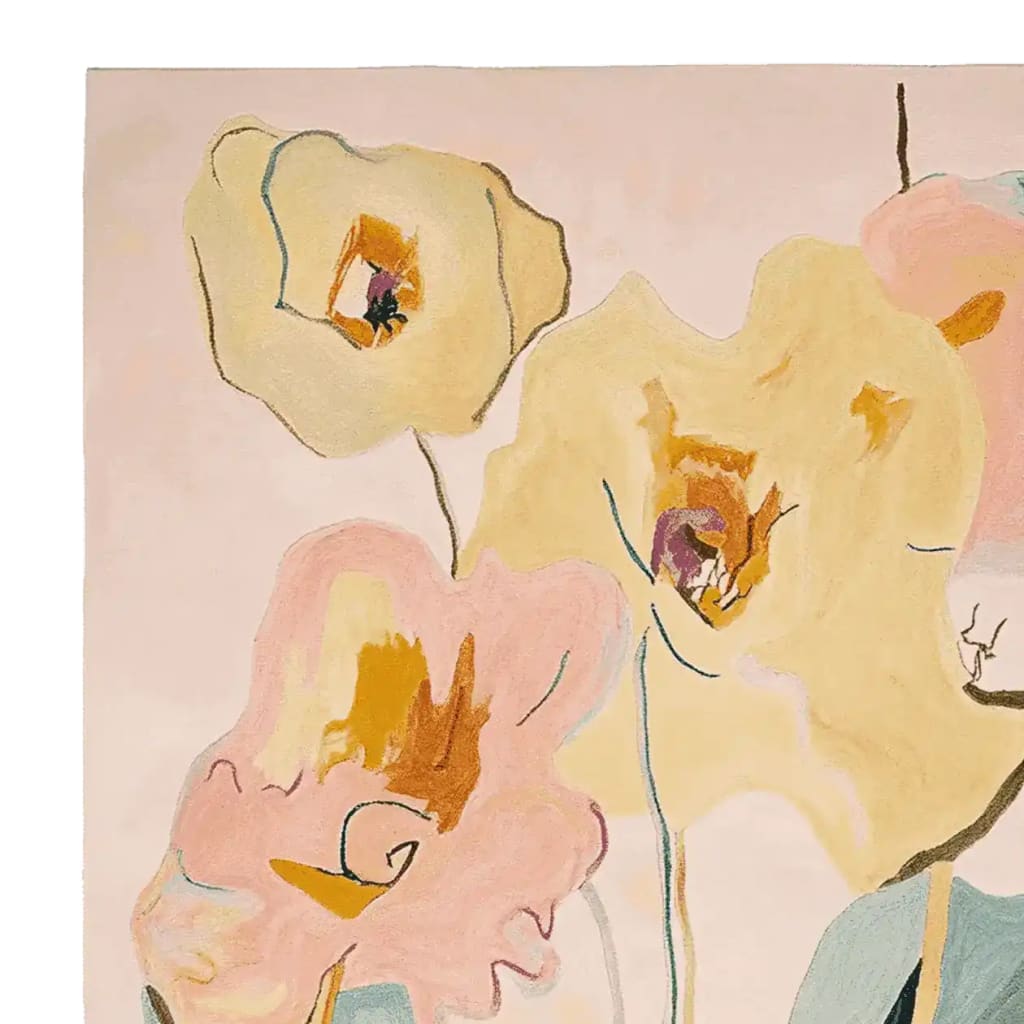 Close-up view of a Modern Garden Mood Hand Tufted Area Rug, featuring abstract floral designs in soft pastel colors. This contemporary wool rug is perfect for large living rooms, serving as an elegant centerpiece among area rugs for living room decor.