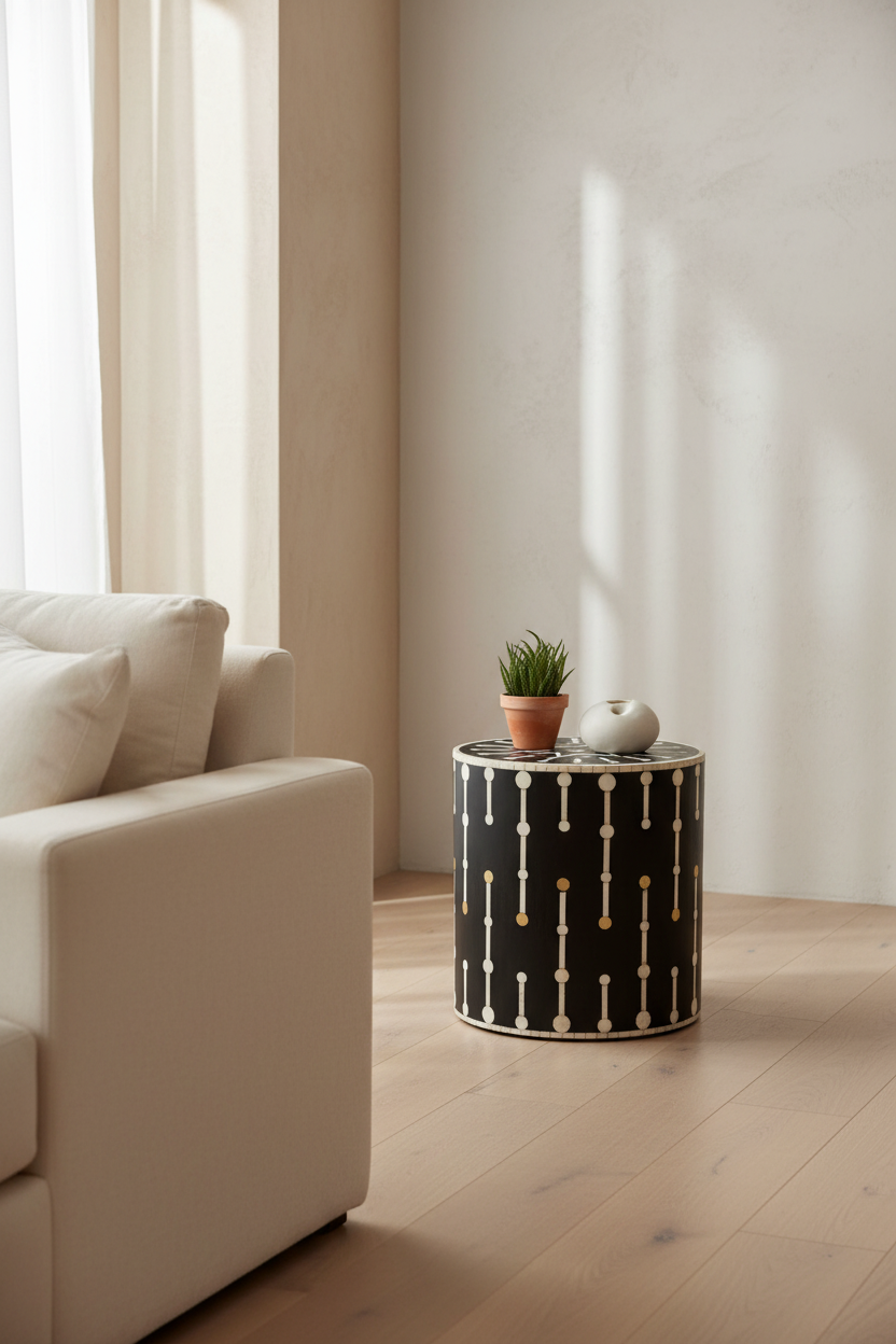 Modern bone inlay crystal drop side table with a black and white dash pattern, plant on top.