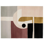 A top view of the Modern Harmony Block Hand Tufted Area Rug, showcasing an abstract design with geometric shapes in muted tones of gray, beige, burgundy, and black. This contemporary wool rug is perfect for adding a stylish touch to any living room, available in an 8x10 size.
