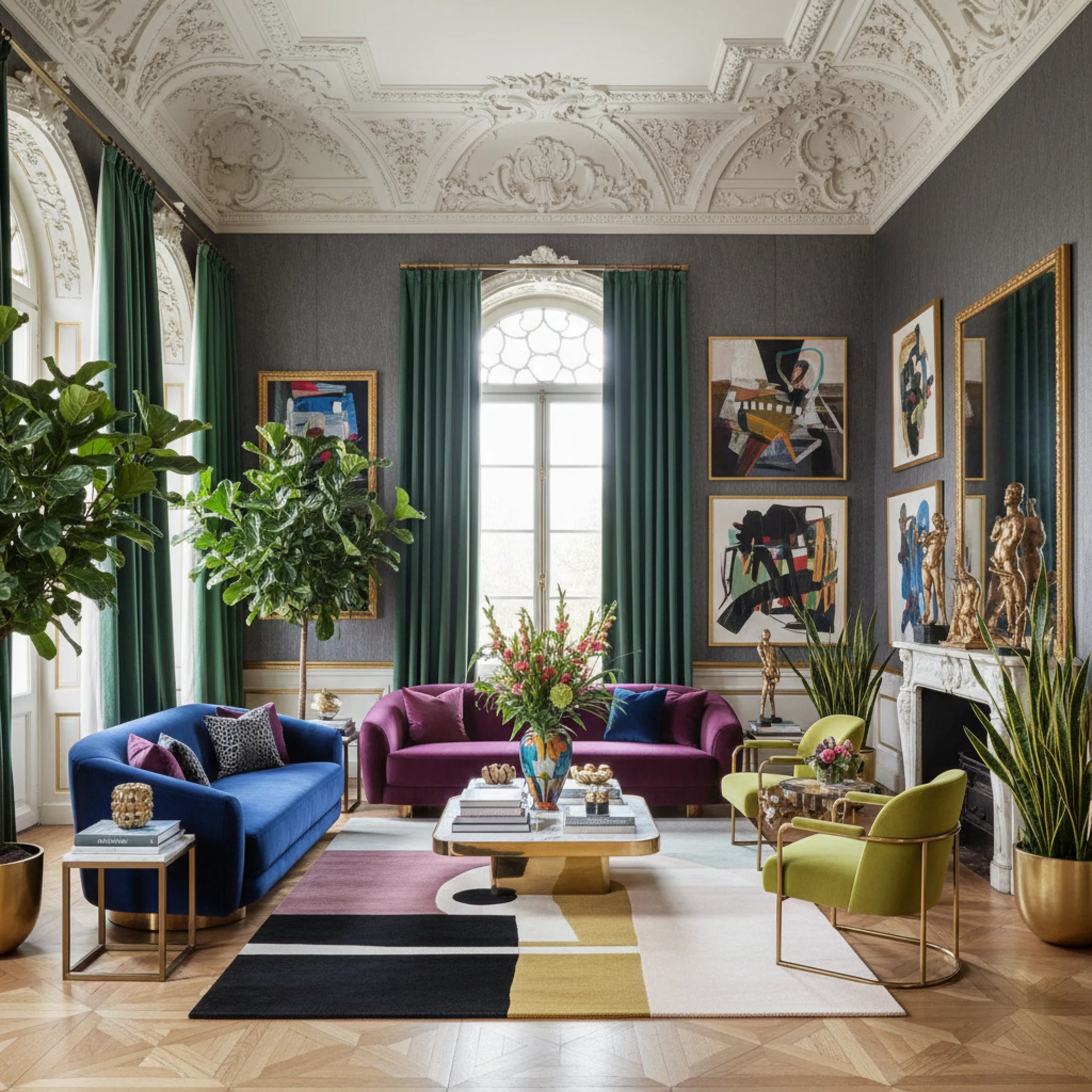 Luxurious living room with colorful furniture, a contemporary wool rug, and decorative elements.