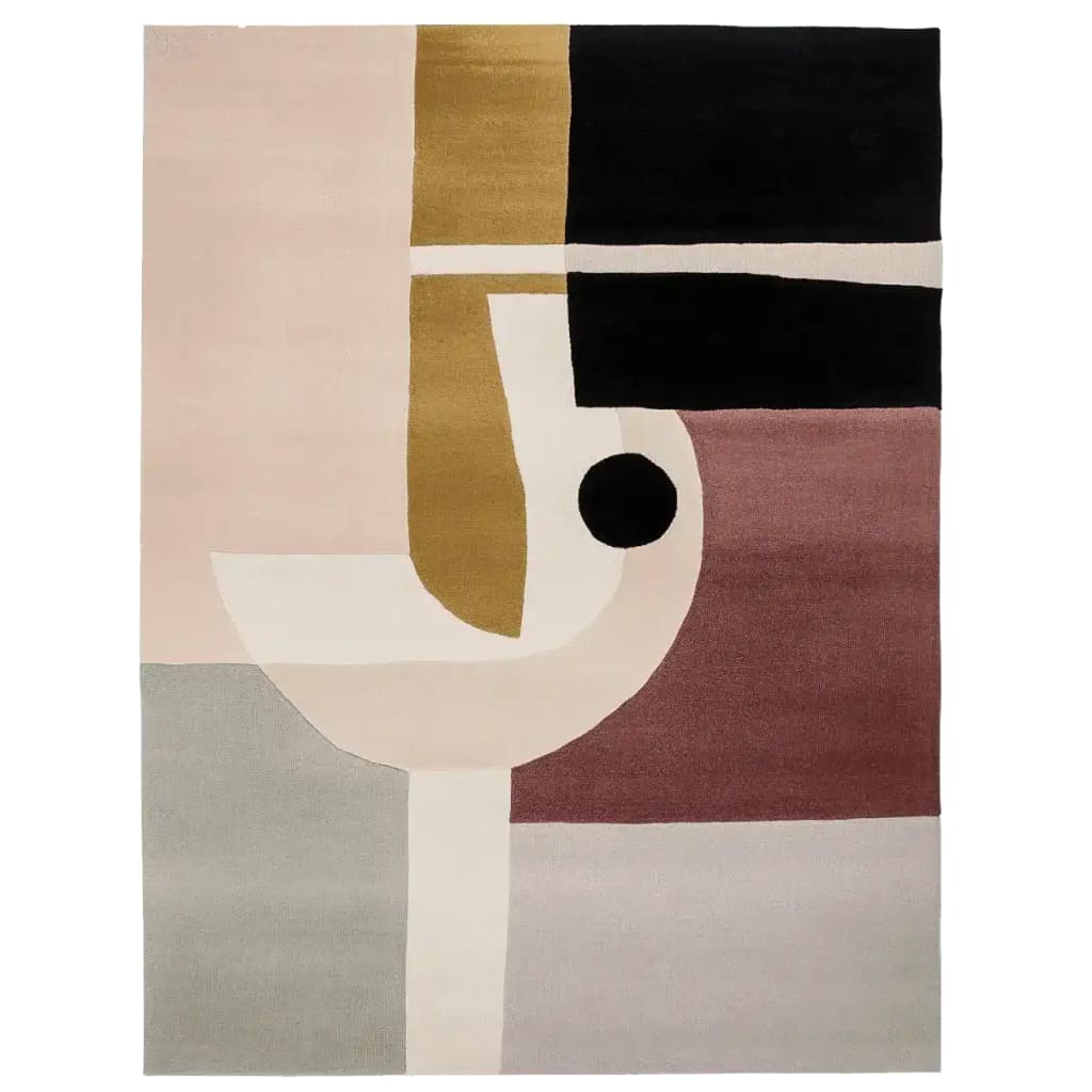 Top view of a Modern Harmony Block Hand Tufted Rug featuring an abstract geometric design in neutral tones of beige, mustard, black, and burgundy. This contemporary wool area rug is ideal for adding a stylish touch to living room spaces and is available in an 8x10 size.