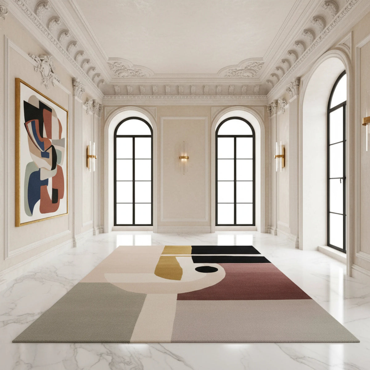 Elegant room with abstract art and a geometric rug on marble flooring.