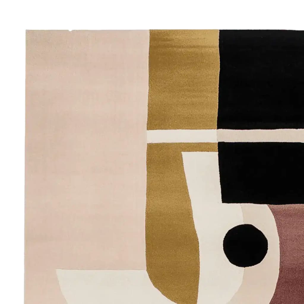 Top view of the Modern Harmony Block Hand Tufted Area Rug, showcasing its contemporary design with a mix of beige, gold, black, and burgundy abstract shapes. This wool rug is perfect for adding a modern touch to living rooms, especially in an 8x10 size.