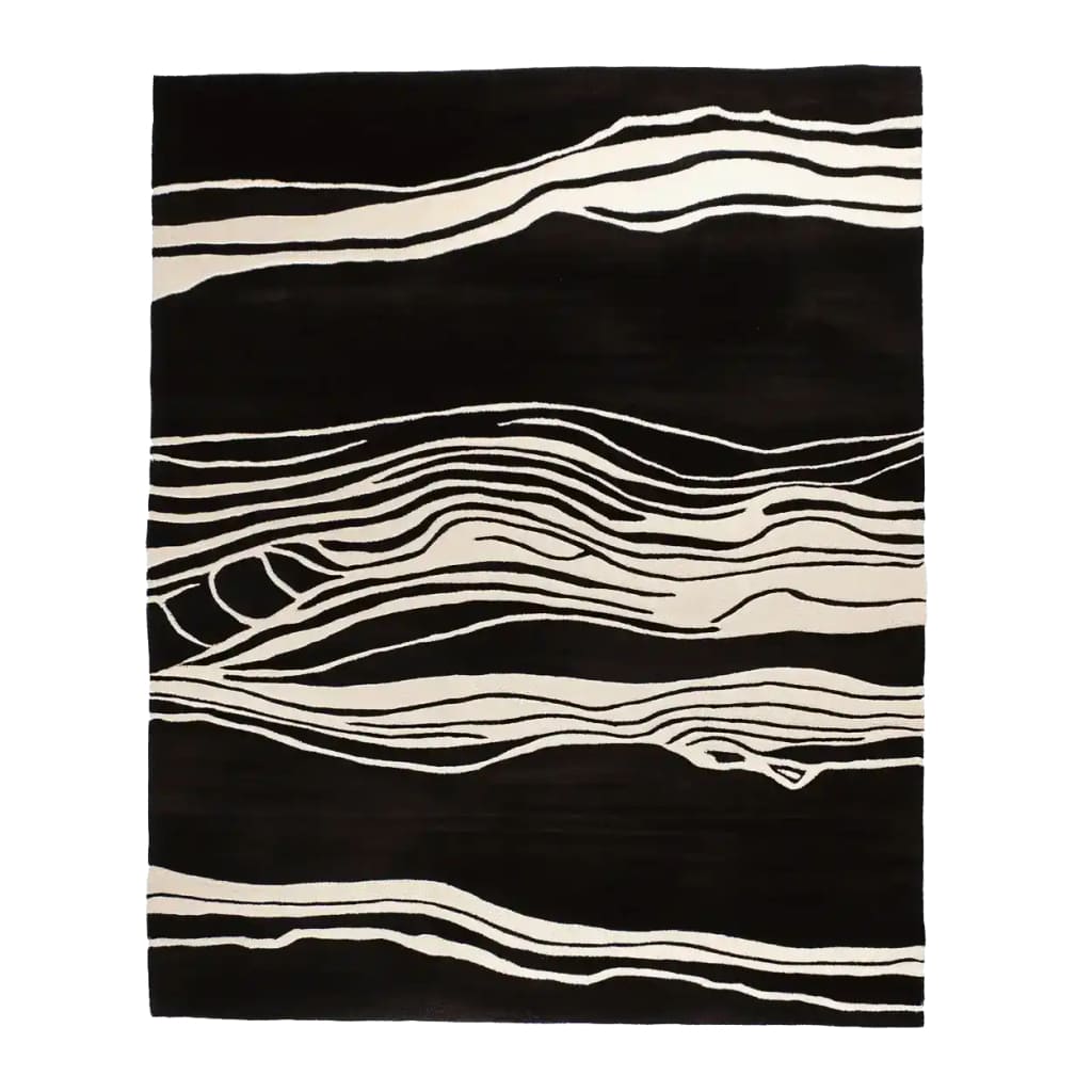 A stylish hand-tufted area rug featuring a modern abstract design with black and white wavy patterns. This contemporary wool rug is ideal for enhancing living room spaces, available in an 8x10 size, providing both elegance and comfort.