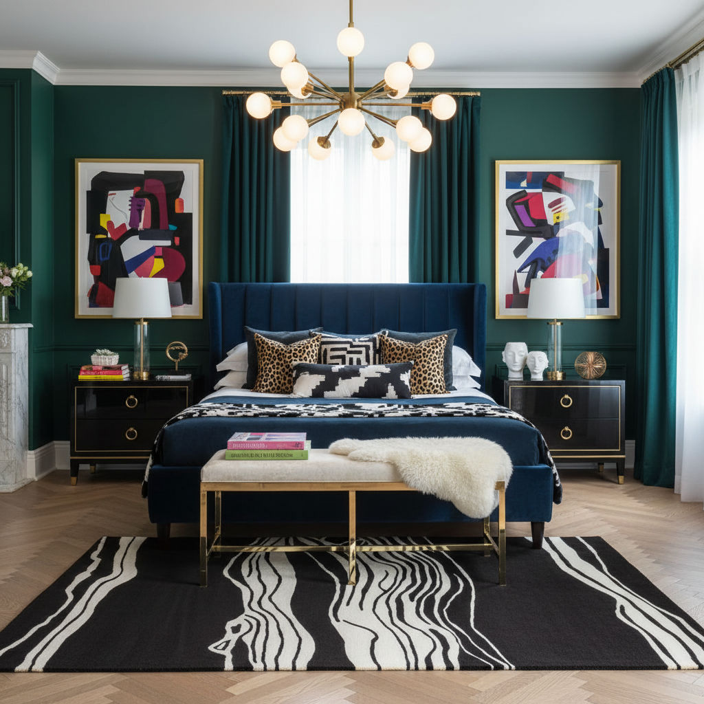 Modern bedroom with dark green walls, an abstract black and white wool rug, a blue upholstered bed, and abstract art.