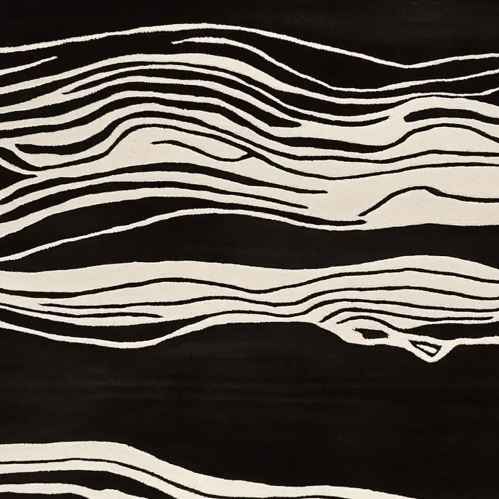 A stylish Modern Heat Stroke Hand Tufted Area Rug, showcasing an abstract black and white pattern with wavy lines, perfect for contemporary living room decor. This wool rug is ideal for those seeking living room area rugs in an 8x10 size.