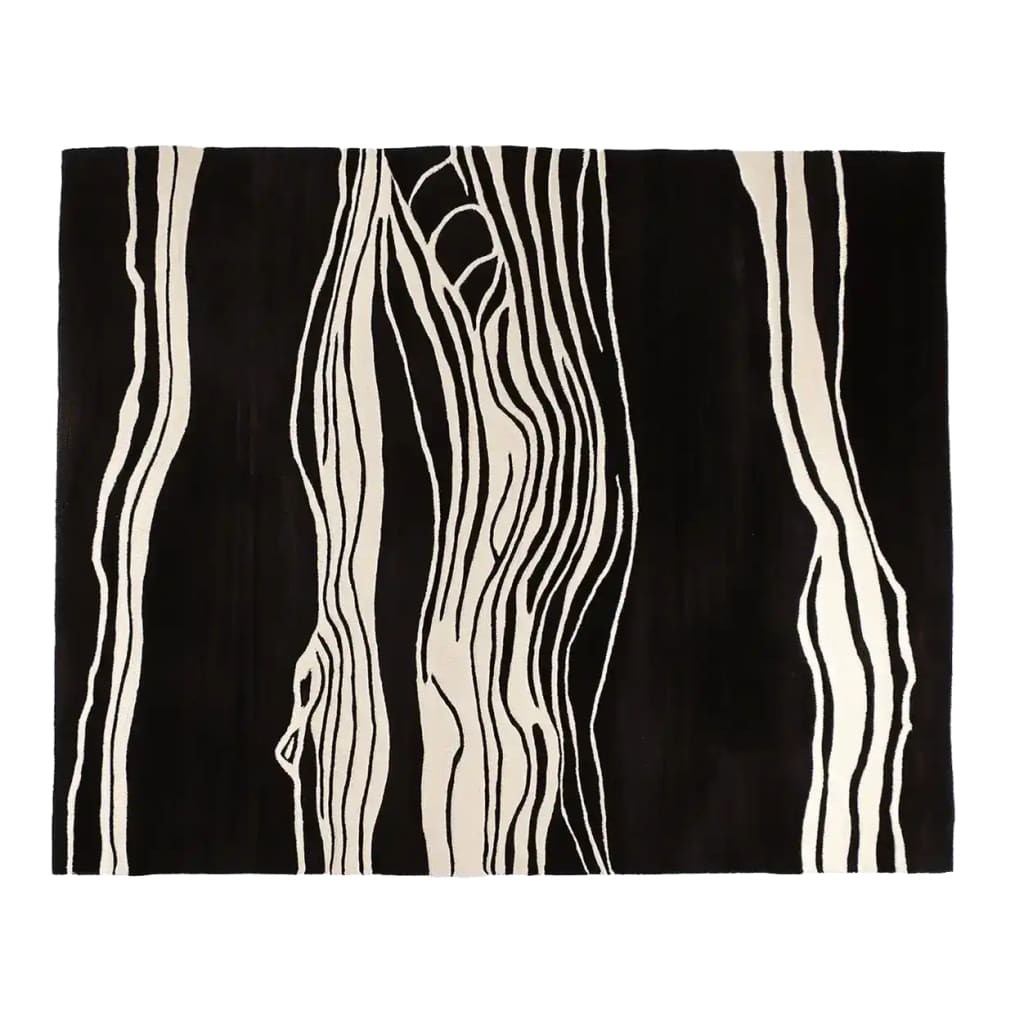 Top view of a Modern Heat Stroke Hand Tufted Area Rug featuring an abstract design in black and white stripes. This contemporary wool rug is perfect for adding a stylish touch to living room spaces, available in an 8x10 size.