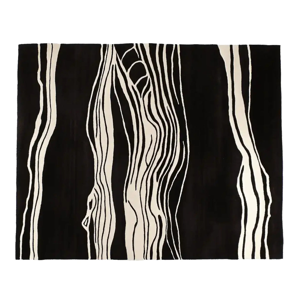 Top view of a Modern Heat Stroke Hand Tufted Area Rug featuring an abstract design in black and white stripes. This contemporary wool rug is perfect for adding a stylish touch to living room spaces, available in an 8x10 size.