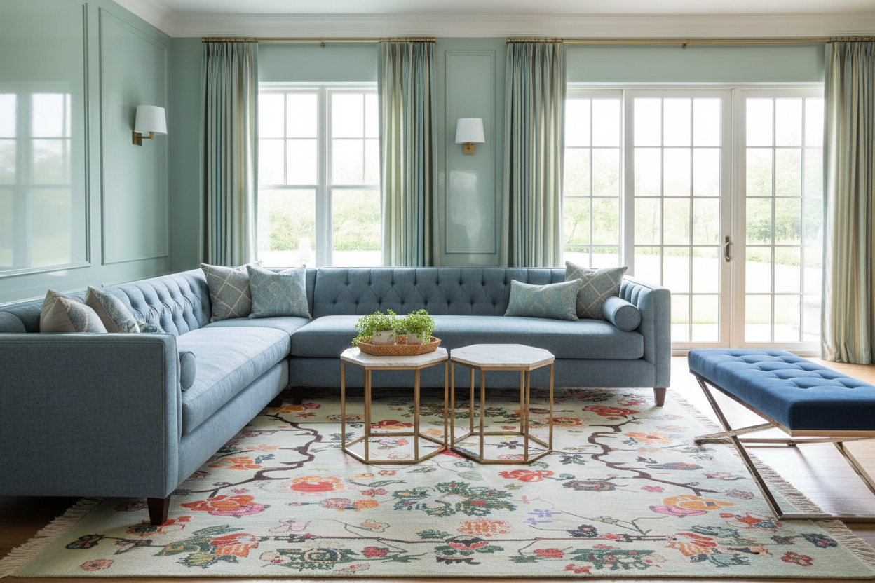 Living room with a gray sectional sofa, floral rug, and decorative elements.