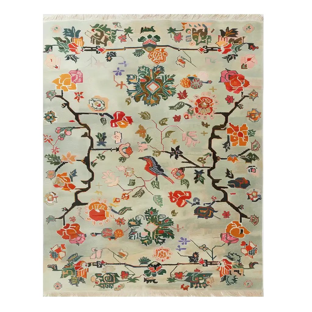 Elegant Modern Heirloom Knotted Wool Rug, perfect for large living rooms. This exquisite area rug showcases a vibrant floral and abstract design with rich colors, ideal for adding warmth and style to any area.